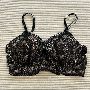 Aerie Plunge Underwire Lace Bra Size 34 C Black - Nude With Black Lace Overlay